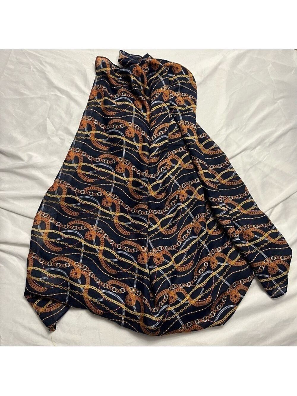 Cleo Equestrian Chain Print Scarf Wrap Shawl Navy Blue